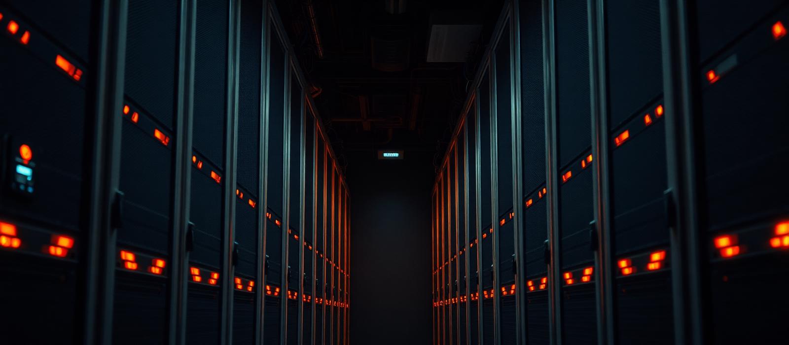 Server racks with status lights inside a managed data centre