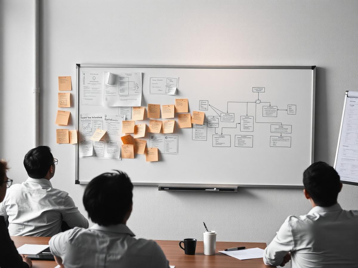Workshop wall with architecture diagrams and planning notes